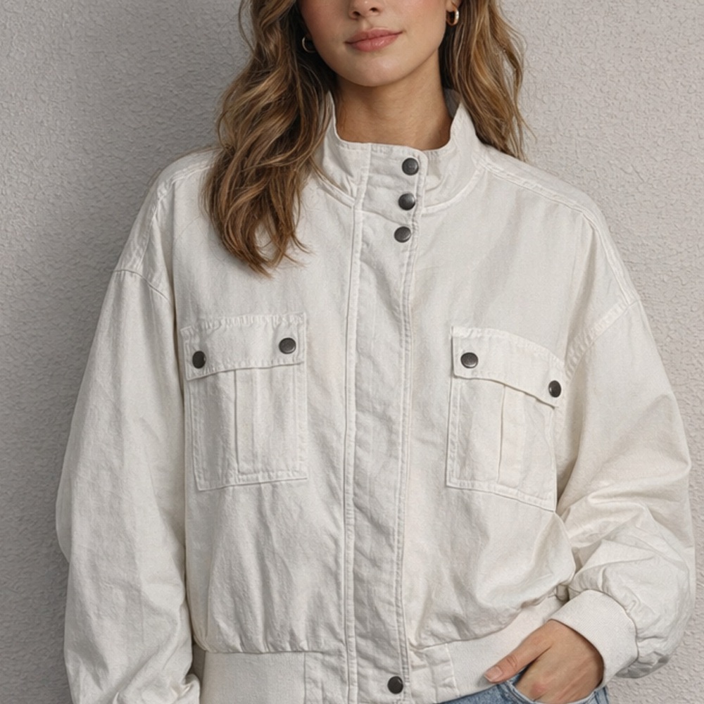 White Bomber Jacket Size Large 100% Cotton Snap Front Utility - Picture 9 of 9